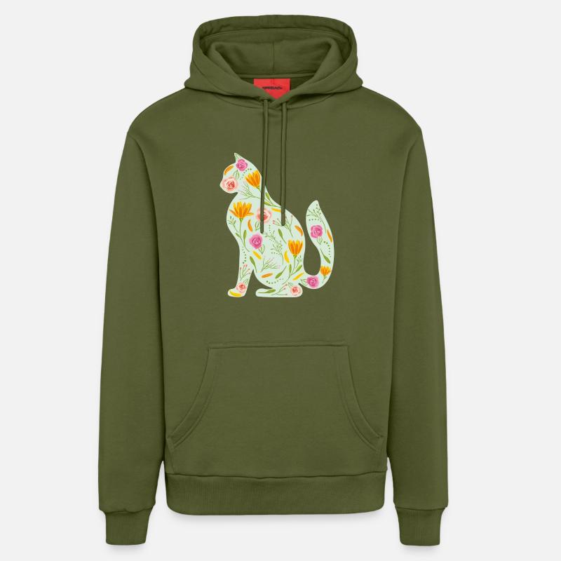 Chat floral - Sweat à capuche bio décontracté fabriqué en UE - MOSS GREEN