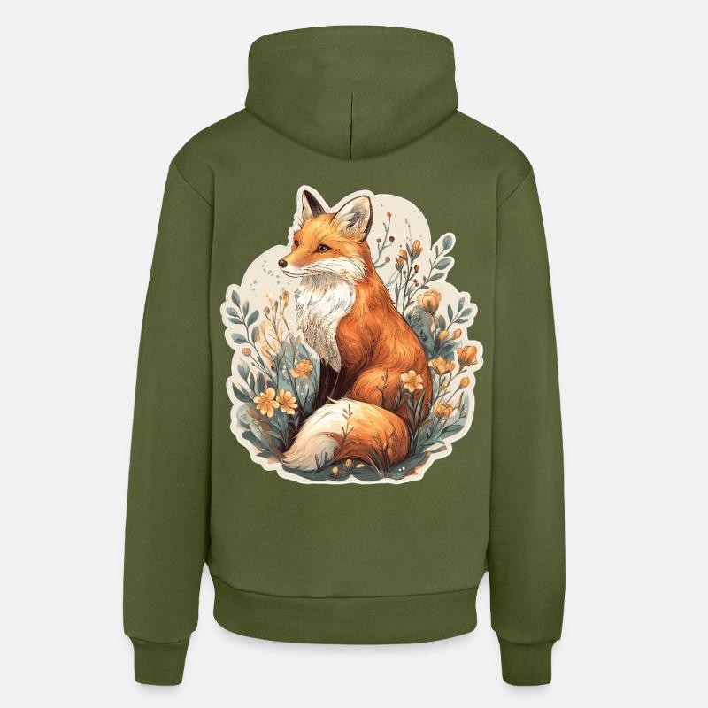 Renard avec des fleurs - Sweat à capuche bio décontracté fabriqué en UE - MOSS GREEN