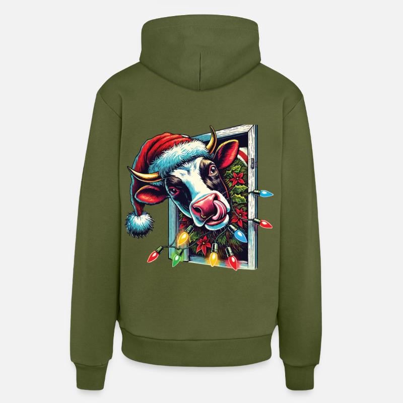 Lustige Weihnachtskuh Mit Lichtern - Organic Relaxed Hoodie Made in EU - MOSS GREEN