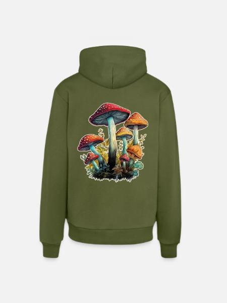 Mushrooms Toadstools - Organic Relaxed Hoodie Made in EU - MOSS GREEN