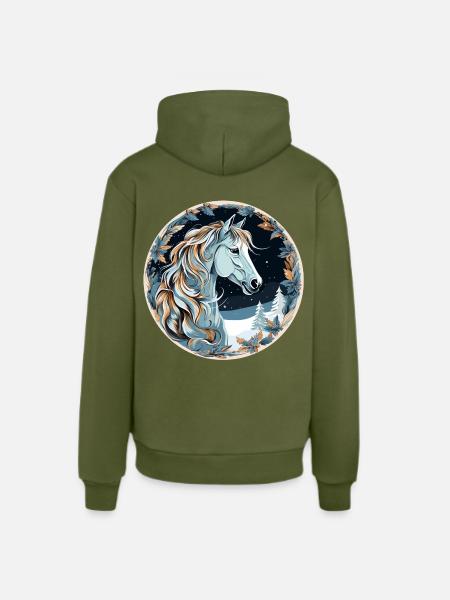 Horse Winter Boho - Organic Relaxed Hoodie Made in EU - MOSS GREEN