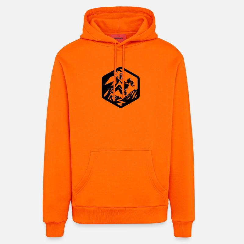 fille escalade bloc logo emblème Alpes - Sweat à capuche bio décontracté fabriqué en UE - SUNSET ORANGE