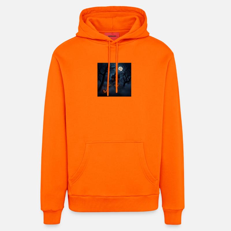 Maison hantée sous lune et citrouilles - Sweat à capuche bio décontracté fabriqué en UE - SUNSET ORANGE