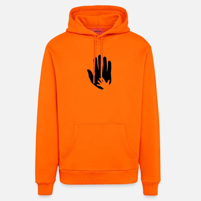 Bébé, main d’enfant dans la main du parent adulte. - Sweat à capuche bio décontracté fabriqué en UE - SUNSET ORANGE