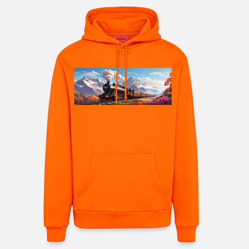 Train de chemin de fer nostalgique avec locomotive à vapeur - Sweat à capuche bio décontracté fabriqué en UE - SUNSET ORANGE
