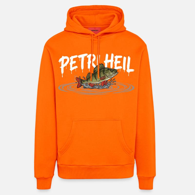 PETRI HEIL – Salut pêcheur avec perche - Sweat à capuche bio décontracté fabriqué en UE - SUNSET ORANGE