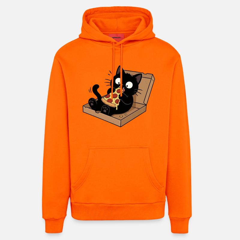 Chat noir savourant une pizza - Sweat à capuche bio décontracté fabriqué en UE - SUNSET ORANGE