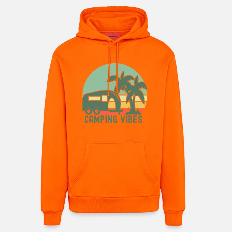 Illustration de l’ambiance du camping rétro - Sweat à capuche bio décontracté fabriqué en UE - SUNSET ORANGE