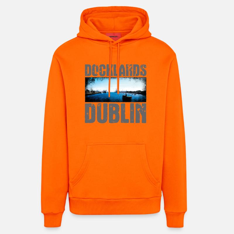 Docklands Dublin Vue sur l’eau - Sweat à capuche bio décontracté fabriqué en UE - SUNSET ORANGE