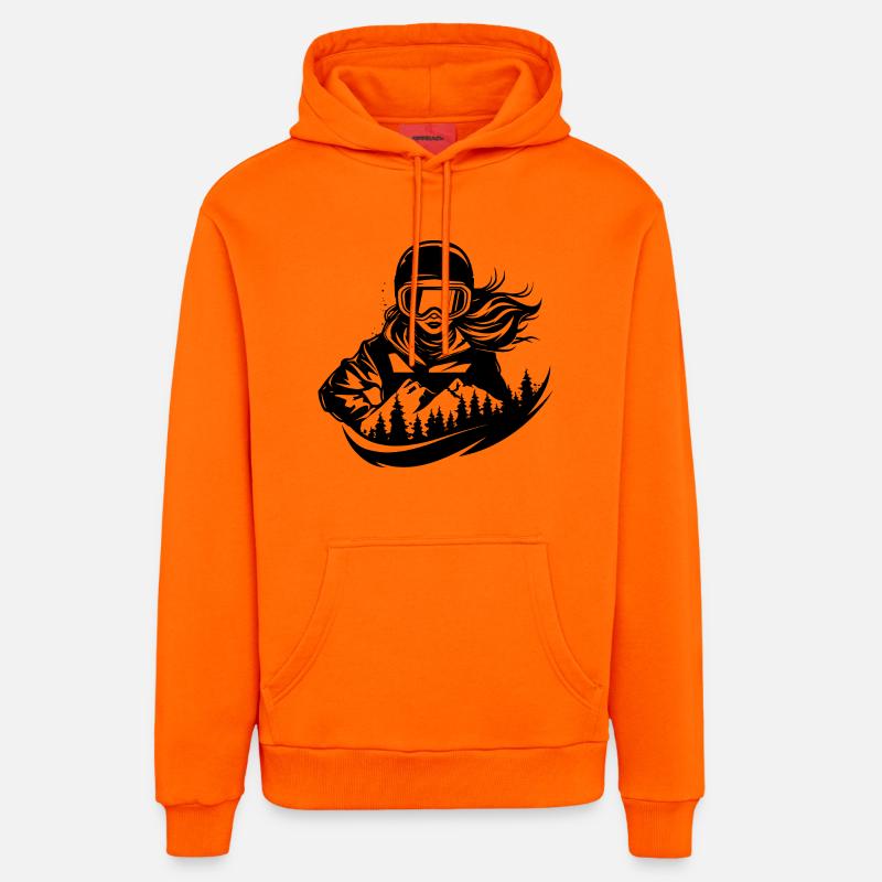 Dessin d’une snowboardeuse - Sweat à capuche bio décontracté fabriqué en UE - SUNSET ORANGE