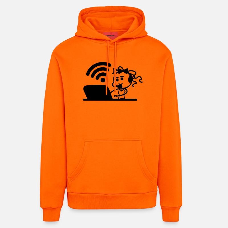 Glückliches Mädchen oder Frau auf Laptop-WLAN - Organic Relaxed Hoodie Made in EU - SUNSET ORANGE