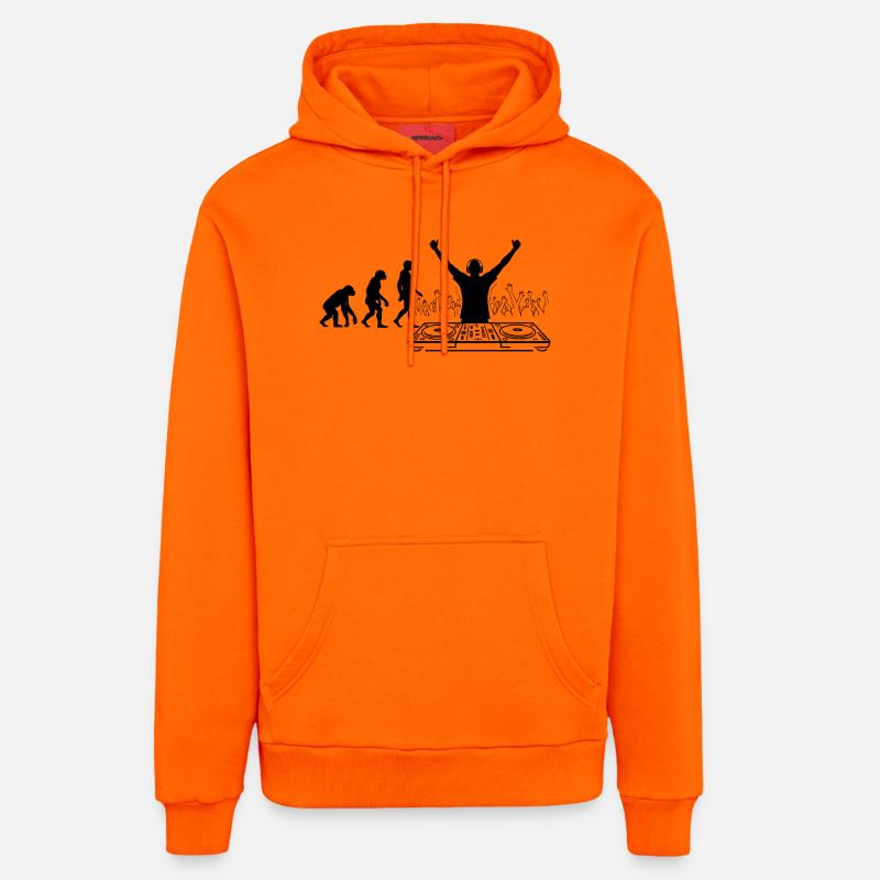 Evolution to DJ Humor Fun - Organic Relaxed Hoodie Made in EU - SUNSET ORANGE