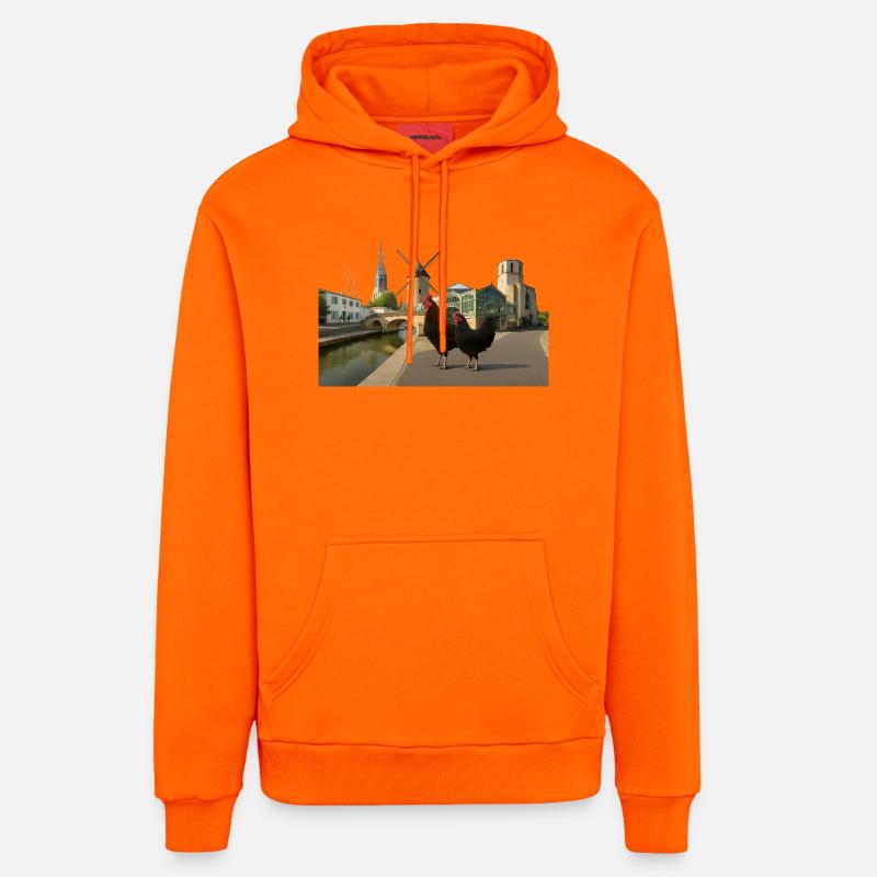 Marans, Coqs citadins au moulin - Sweat à capuche bio décontracté fabriqué en UE - SUNSET ORANGE