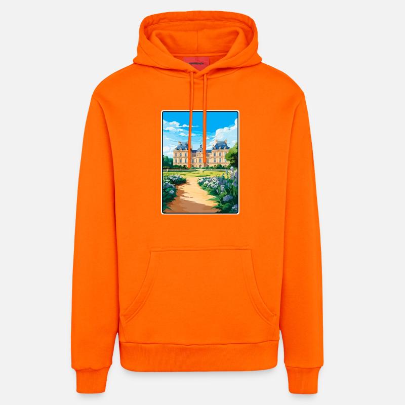 Luxembourg Elégant château avec jardins fleuris - Sweat à capuche bio décontracté fabriqué en UE - SUNSET ORANGE