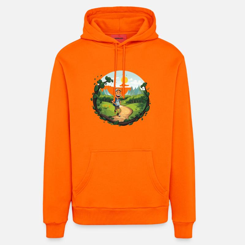 Randonneurs sur le sentier forestier - Sweat à capuche bio décontracté fabriqué en UE - SUNSET ORANGE