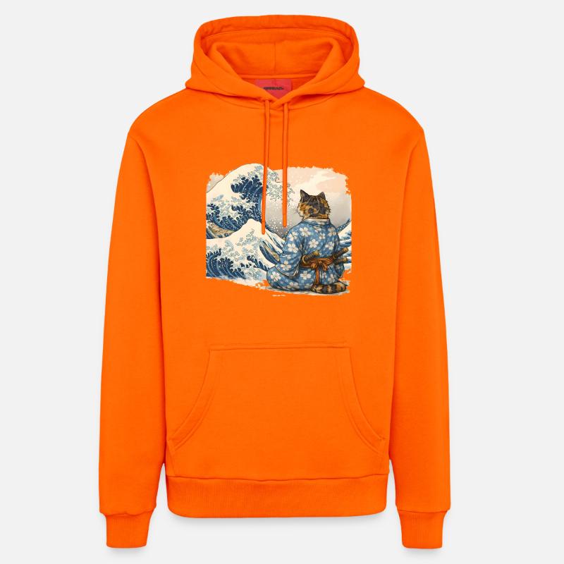 Samurai Cat Wave japanischer Ukiyo-e-Stil - Organic Relaxed Hoodie Made in EU - SUNSET ORANGE