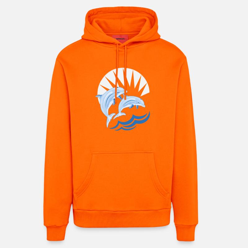 Dauphins au-dessus des vagues - Sweat à capuche bio décontracté fabriqué en UE - SUNSET ORANGE