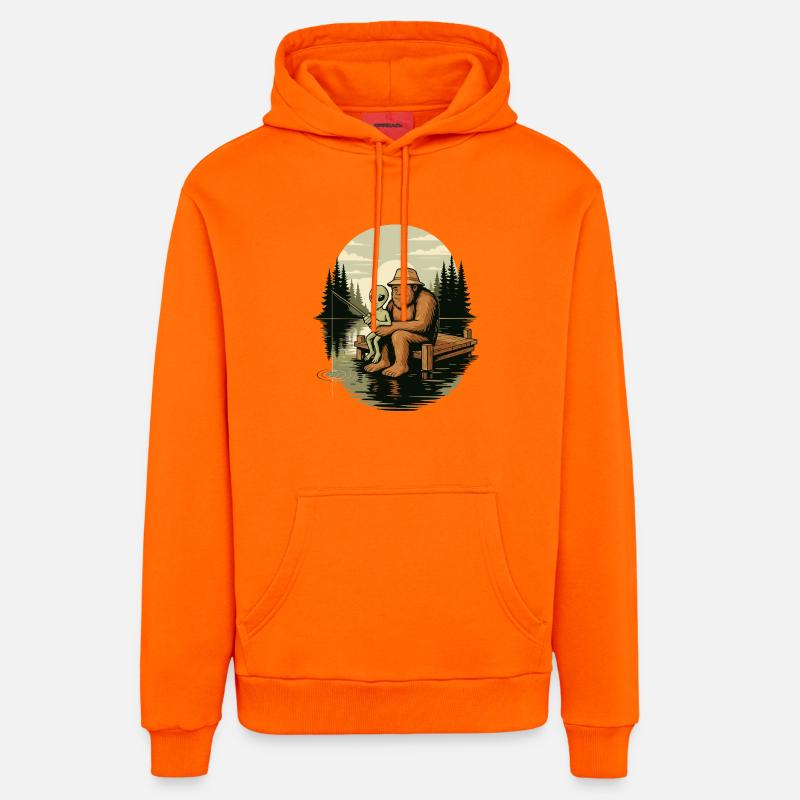 Pêche, Pêcheur, Pêcheur, Pêche, Bigfoot, Alien - Sweat à capuche bio décontracté fabriqué en UE - SUNSET ORANGE