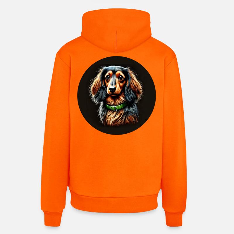Portrait teckel à poil long avec collier vert - Sweat à capuche bio décontracté fabriqué en UE - SUNSET ORANGE