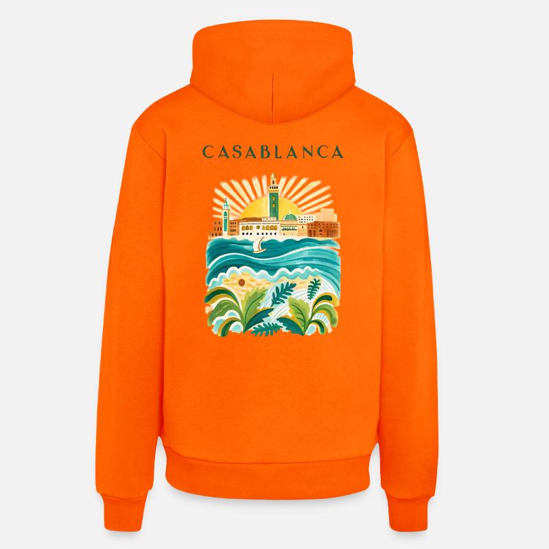 Illustration de l’Idylle côtier de Casablanca - Sweat à capuche bio décontracté fabriqué en UE - SUNSET ORANGE