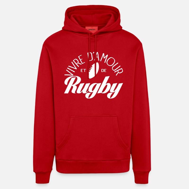 Vivre D'amour et de Rugby - Sweat à capuche bio décontracté fabriqué en UE - rouge
