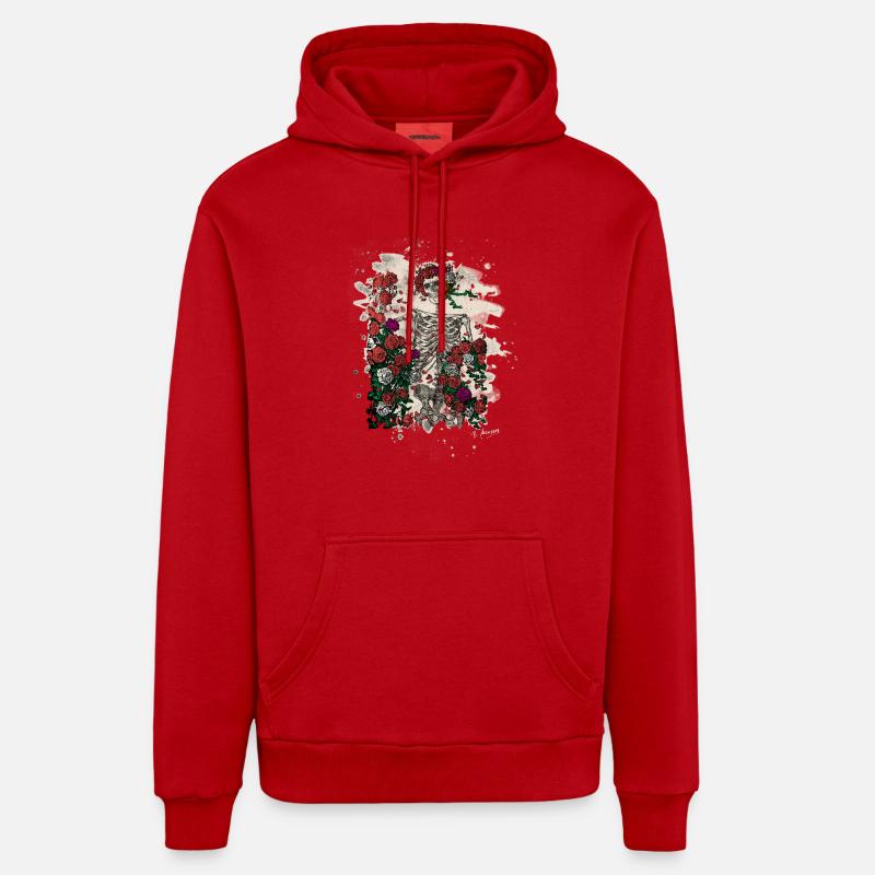 Skeleton & Roses – bleached Version - Organic Relaxed Hoodie Made in EU - Rot