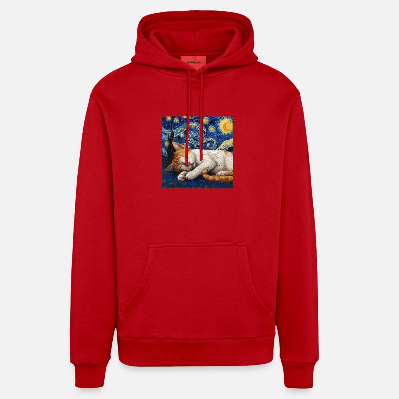 Chat Van Gogh Nuit étoilée - Sweat à capuche bio décontracté fabriqué en UE - rouge