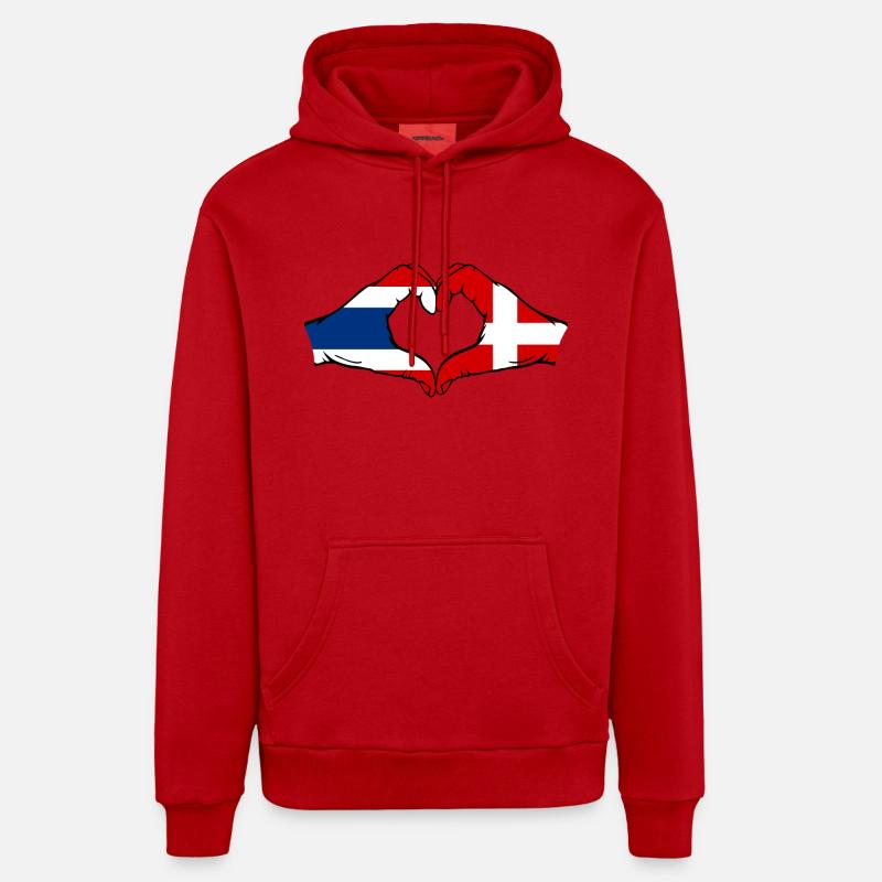 Thaïlande, Danemark, Drapeau, Mains, Coeur - Sweat à capuche bio décontracté fabriqué en UE - rouge