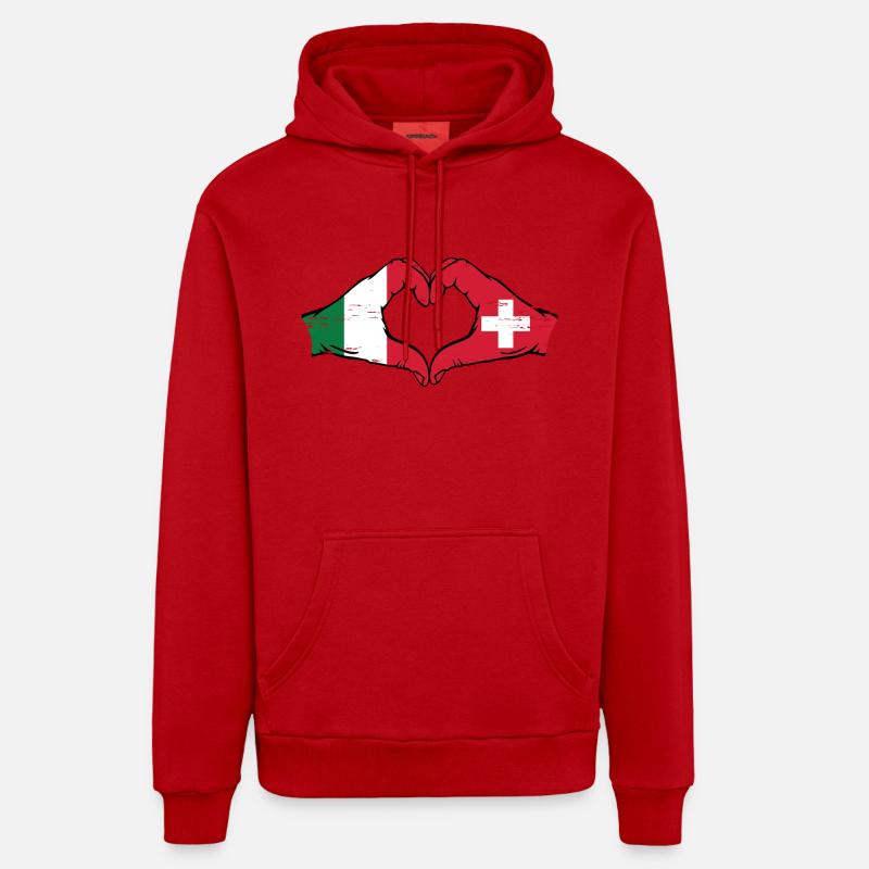 Italie Suisse Drapeau Mains Coeur Forme Utilisé Sweat à capuche bio décontracté fabriqué en UE