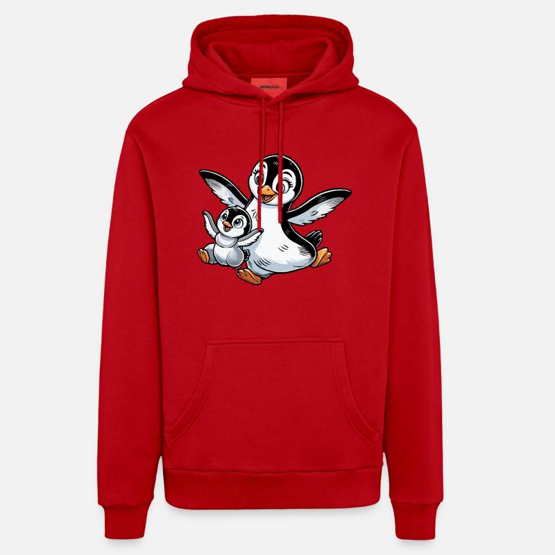 Pingouin mère et enfant gambadant - Sweat à capuche bio décontracté fabriqué en UE - rouge