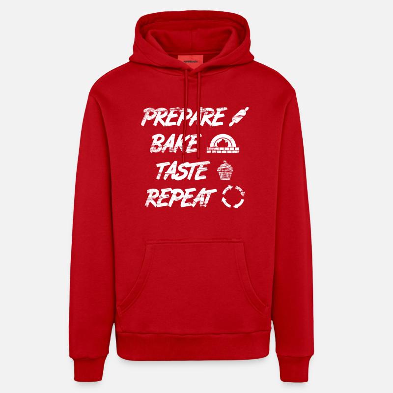 Préparer, cuire, goûter, répéter - Sweat à capuche bio décontracté fabriqué en UE - rouge