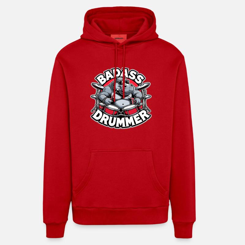 Badass Drummer Hippo Cool Gift - Sweat à capuche bio décontracté fabriqué en UE - rouge