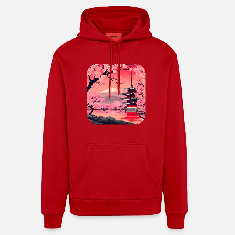 Asie Cherry Blossom Temple Vacances - Sweat à capuche bio décontracté fabriqué en UE - rouge