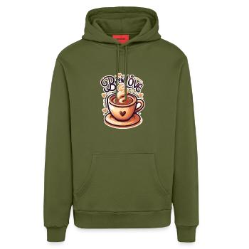 Brew Love - Coffee Cup Illustration - Organic Relaxed Hoodie Made in EU - MOSS GREEN - Front