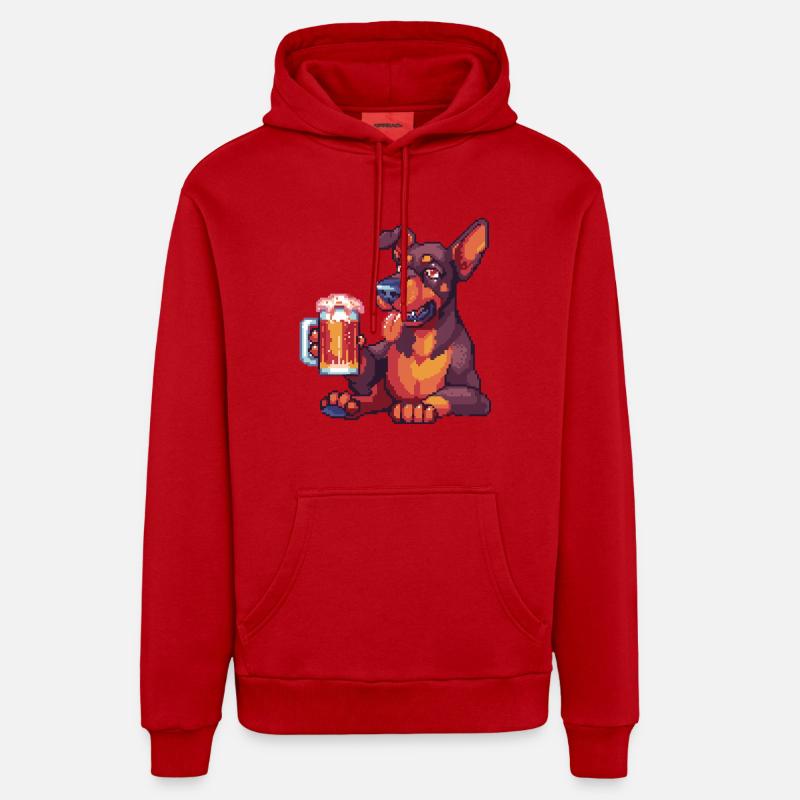 Doberman Chien Pixel Bière - Sweat à capuche bio décontracté fabriqué en UE - rouge