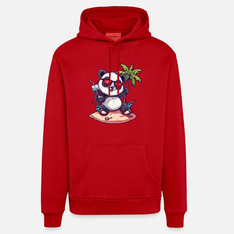 Panda Summer Beach Bande dessinée - Sweat à capuche bio décontracté fabriqué en UE - rouge