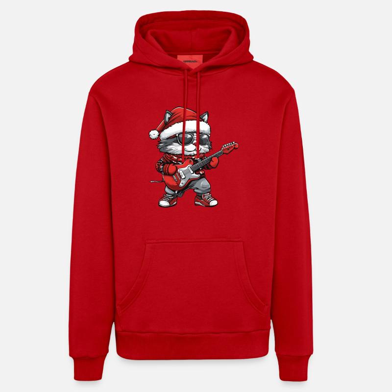 Chat Noël Guitare Rocker - Sweat à capuche bio décontracté fabriqué en UE - rouge
