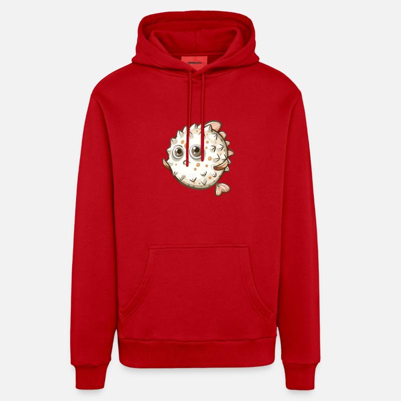 Mignon personnage de dessin animé de poisson-globe - Sweat à capuche bio décontracté fabriqué en UE - rouge