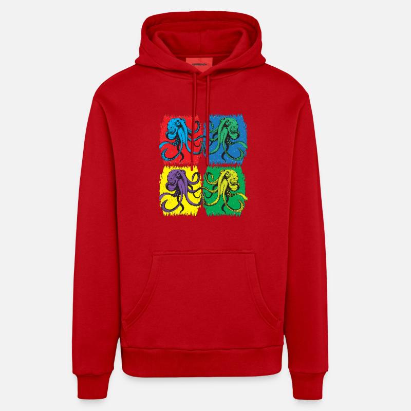 Octopus Pop Art - Sweat à capuche bio décontracté fabriqué en UE - rouge