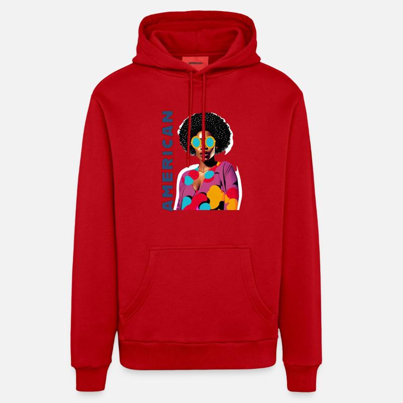 Femme noire avec lettrage américain - Sweat à capuche bio décontracté fabriqué en UE - rouge