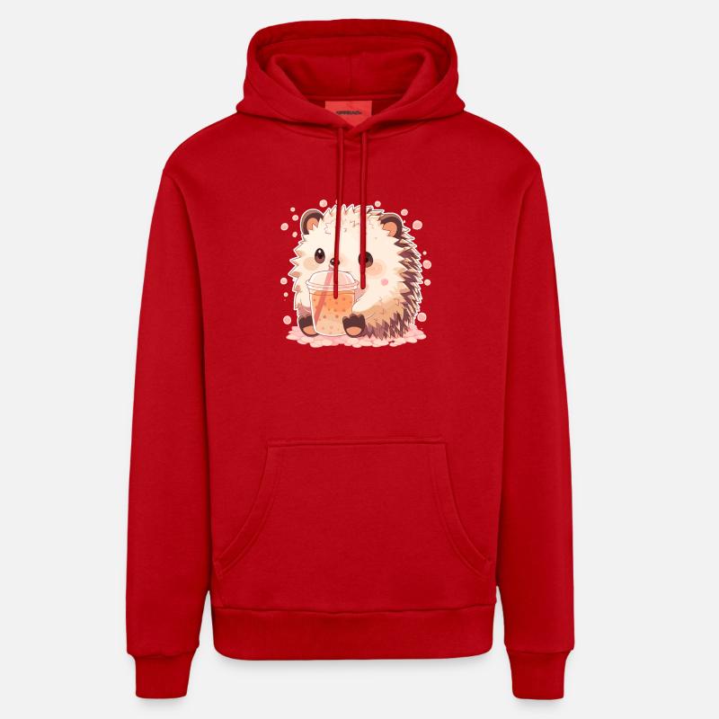 Kawaii Hedgehog Drinks Boba Bubble Tea Chibi - Organic Relaxed Hoodie Made in EU - red