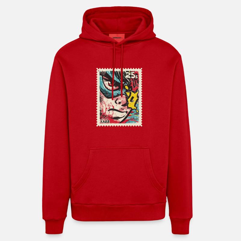 Comic-Held als Retro-Briefmarke - Organic Relaxed Hoodie Made in EU - Rot