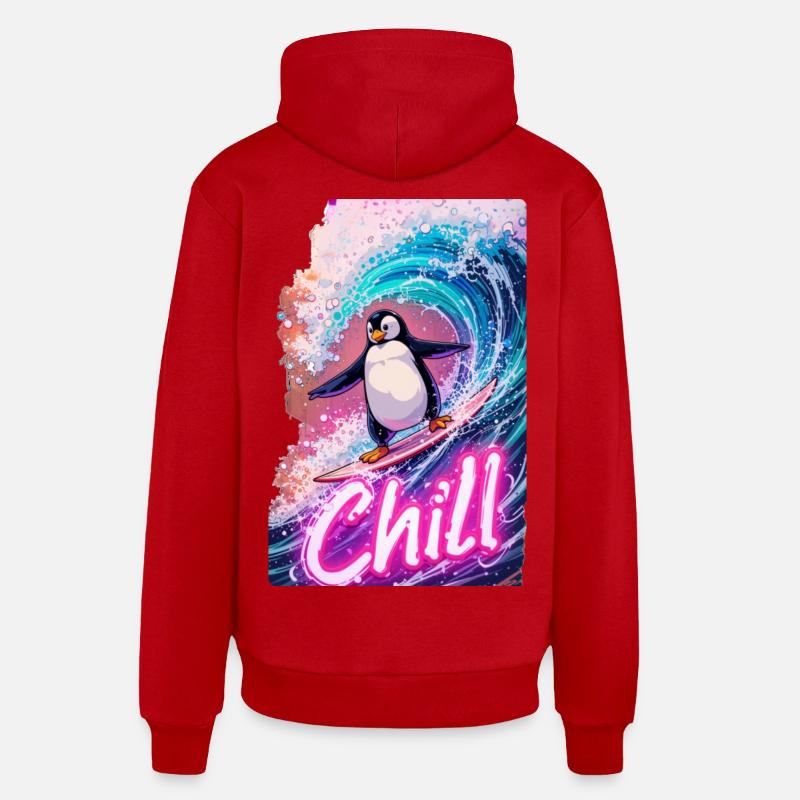 Pingouin surfeur - Sweat à capuche bio décontracté fabriqué en UE - rouge