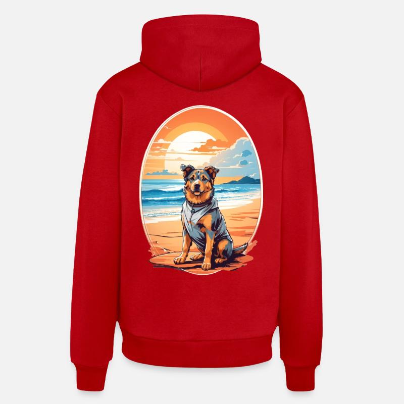 Chien sur la plage - Sweat à capuche bio décontracté fabriqué en UE - rouge