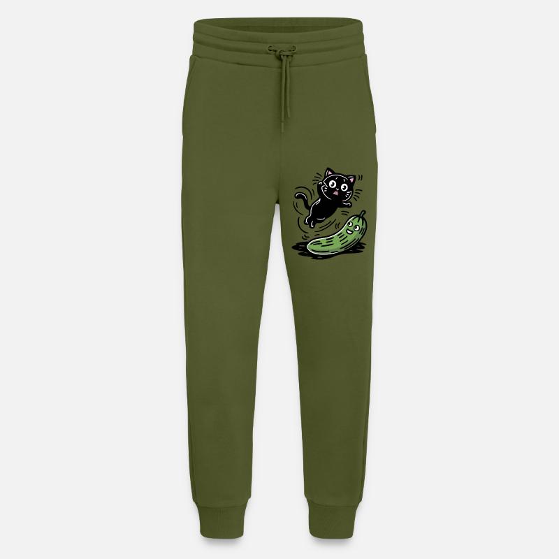 Chat effrayé et concombre - Pantalon de jogging bio décontracté fabriqué en UE - MOSS GREEN