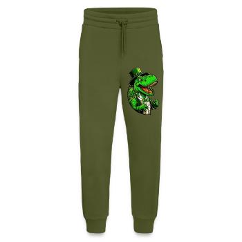 St Patricks Day T-Rex Dinosaurier mit Zylinder - Jogginghose - made by SPREAD - MOSS GREEN - Vorne