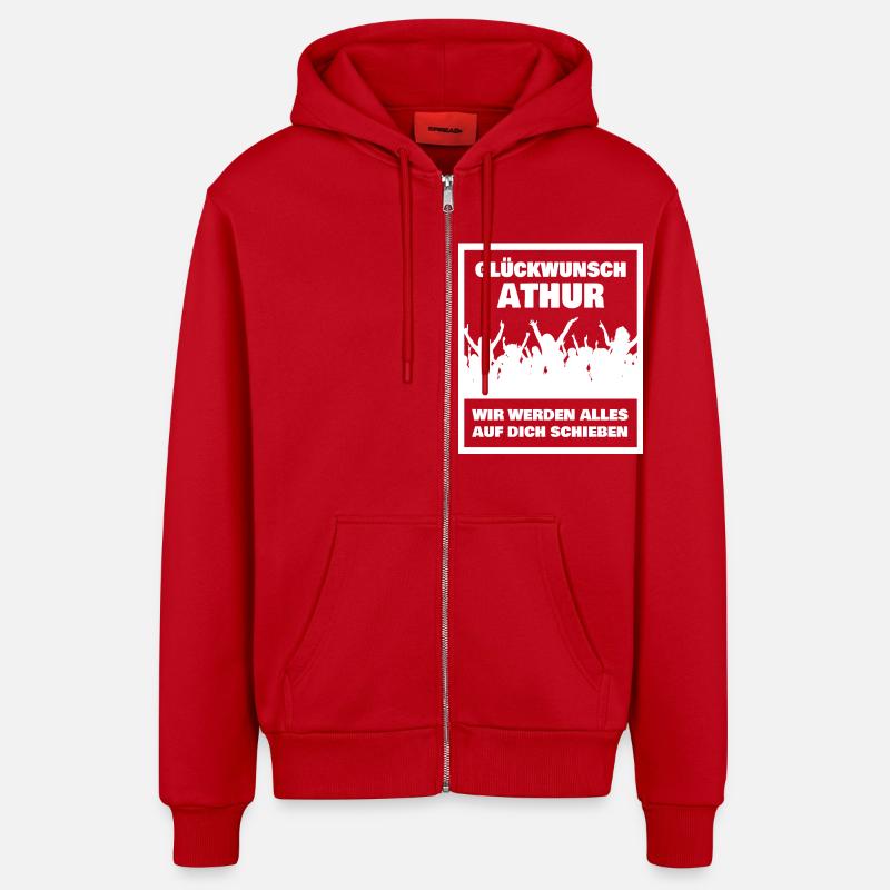 First name Athur - Organic Relaxed Hooded Jacket Made in EU - red