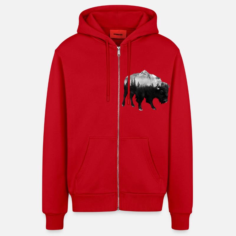 Double Exposure Bison - Organic Relaxed Kapuzenjacke Made in EU - Rot