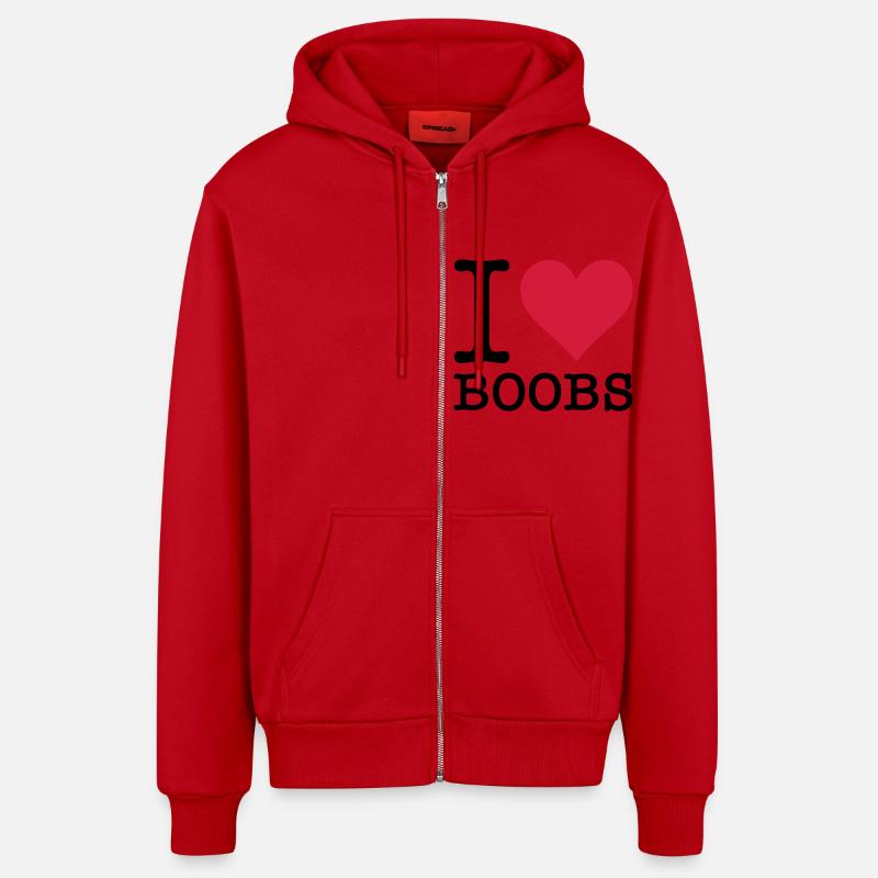 I love seins - Veste à capuche bio décontractée fabriquée en UE - rouge