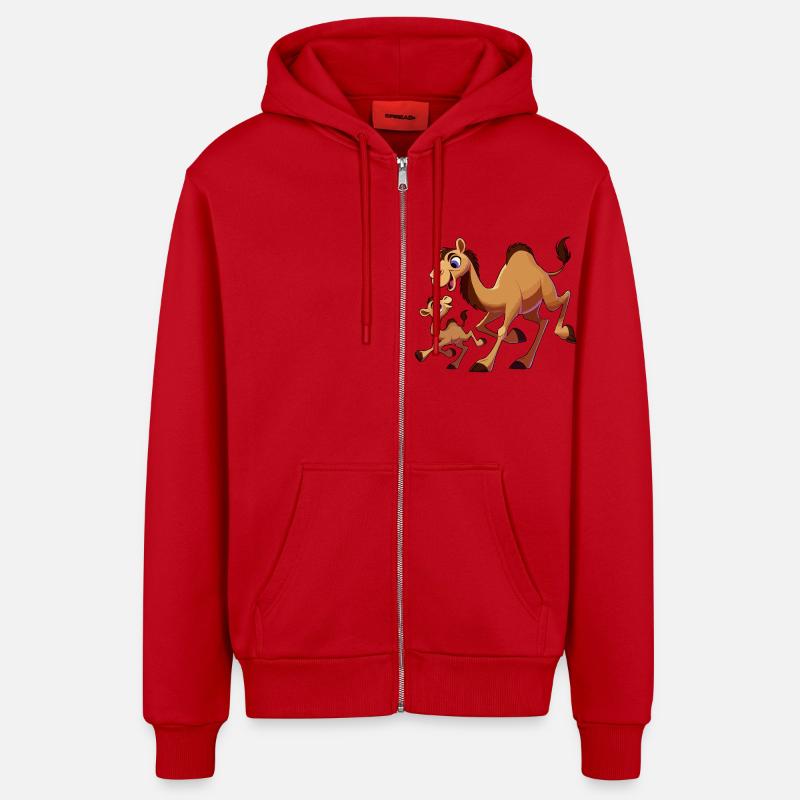 Kamelmutter mit herumtollendem Kind - Organic Relaxed Kapuzenjacke Made in EU - Rot